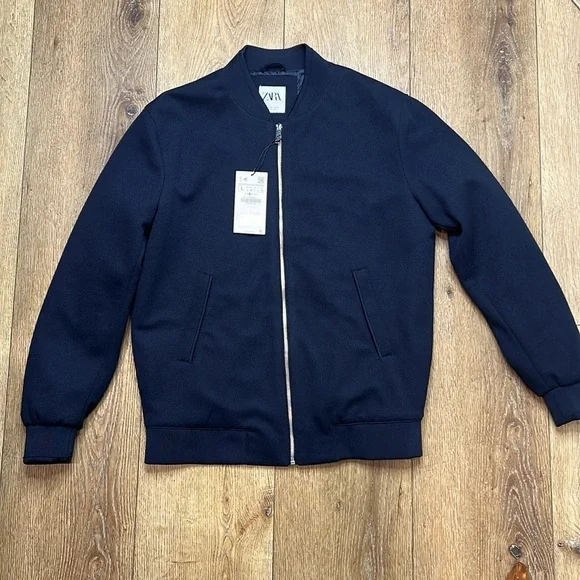 NWT Zara Navy Bomber Jacket Size L - Picture 3 of 9